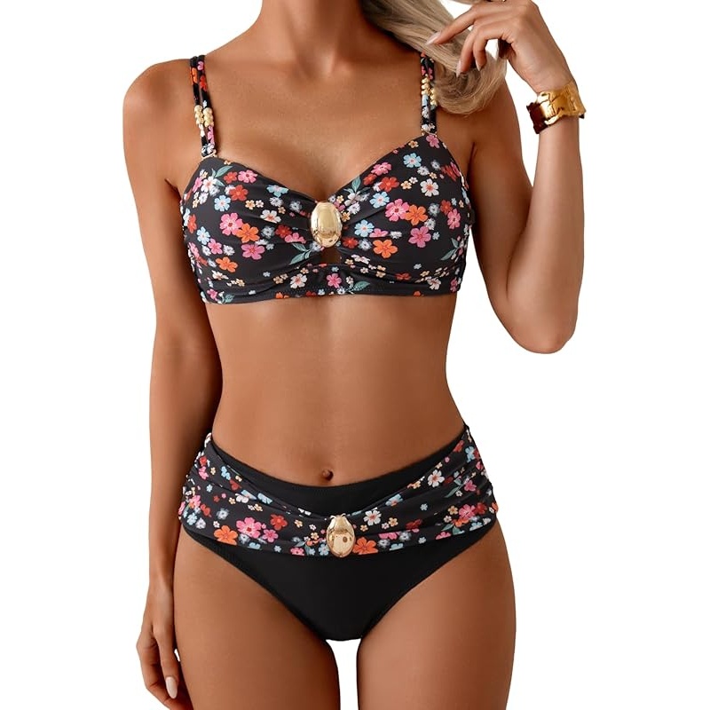 Eomenie Bikini Sets for Women Color Block Two Piece Bathing Suit V Neck Tie Back Swimsuit